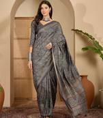 Women's grey silk cotton foil print saree with unstitched blouse piece