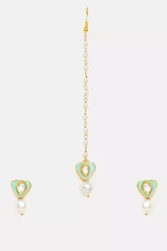 Gold plated kundan green stones maang tikka
