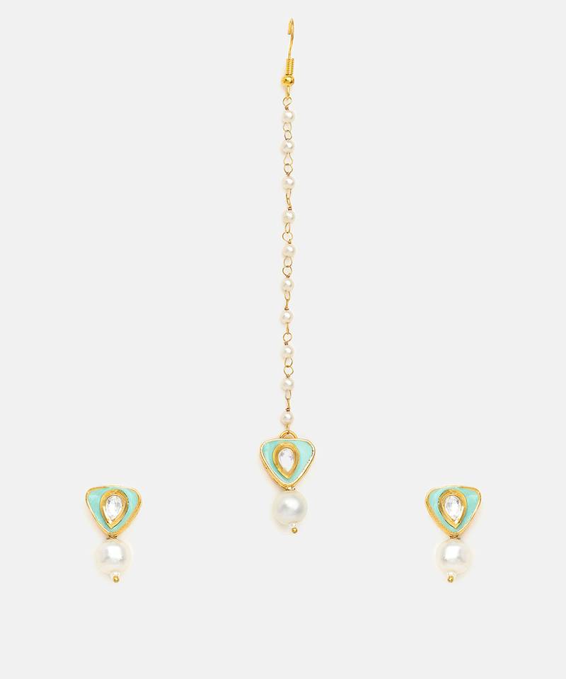 Gold plated kundan green stones maang tikka