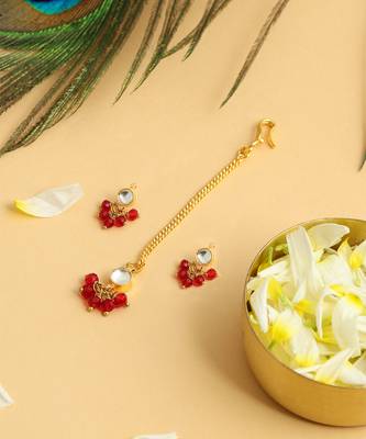 Gold plated kundan maroon stones maang tikka 2