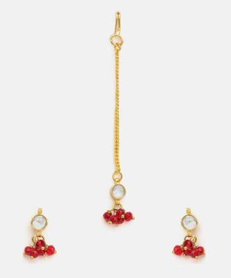 Gold plated kundan maroon stones maang tikka 3