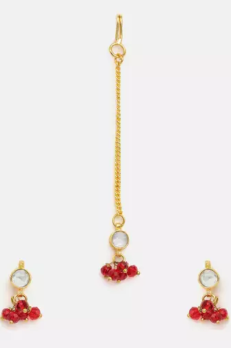 Gold plated kundan maroon stones maang tikka