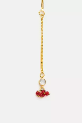Gold plated kundan maroon stones maang tikka