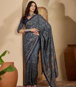 Women's blue silk cotton foil print saree with unstitched blouse piece