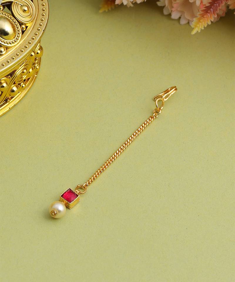 Gold plated kundan red stones maang tikka