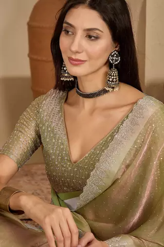 women's green silk blend chiffon embellished saree with unstitched blouse piece