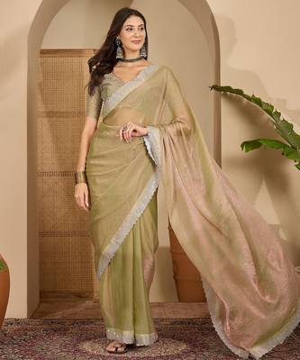 women's green silk blend chiffon embellished saree with unstitched blouse piece 1