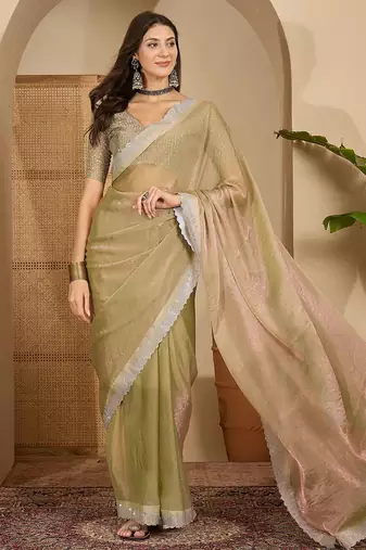 women's green silk blend chiffon embellished saree with unstitched blouse piece