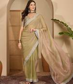 women's green silk blend chiffon embellished saree with unstitched blouse piece
