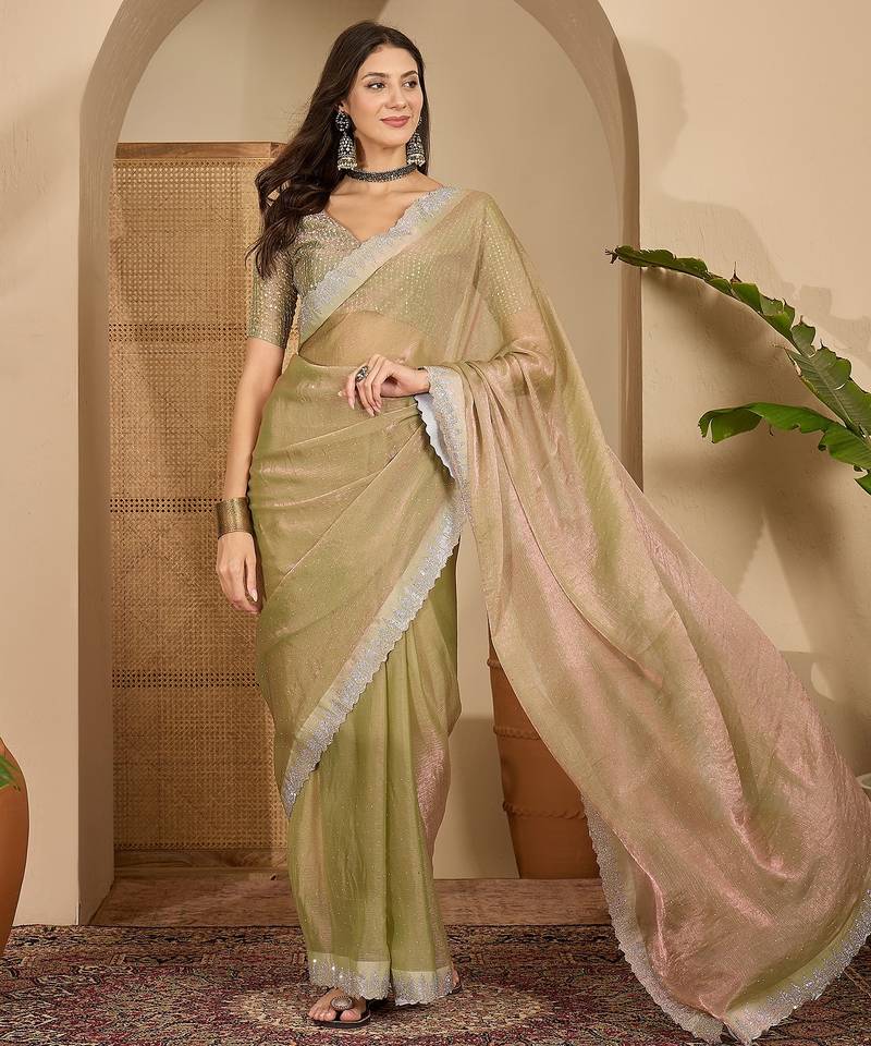 women's green silk blend chiffon embellished saree with unstitched blouse piece