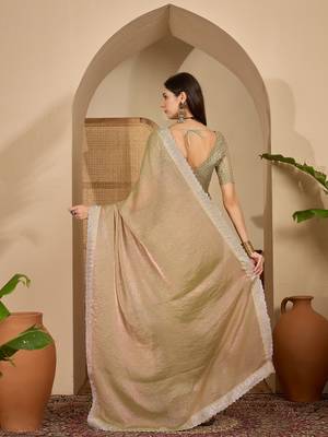 women's green silk blend chiffon embellished saree with unstitched blouse piece 3
