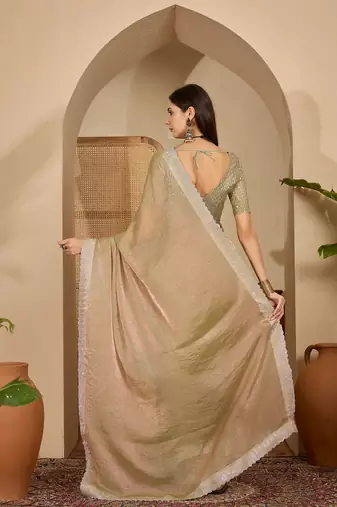 women's green silk blend chiffon embellished saree with unstitched blouse piece