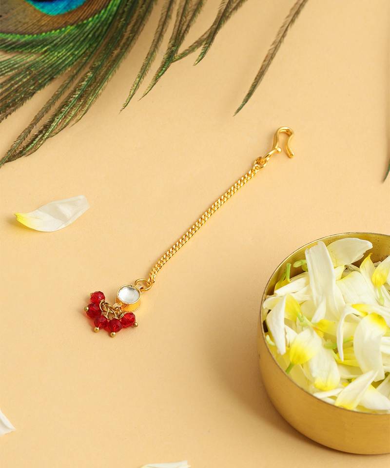Gold plated kundan maroon stones maang tikka