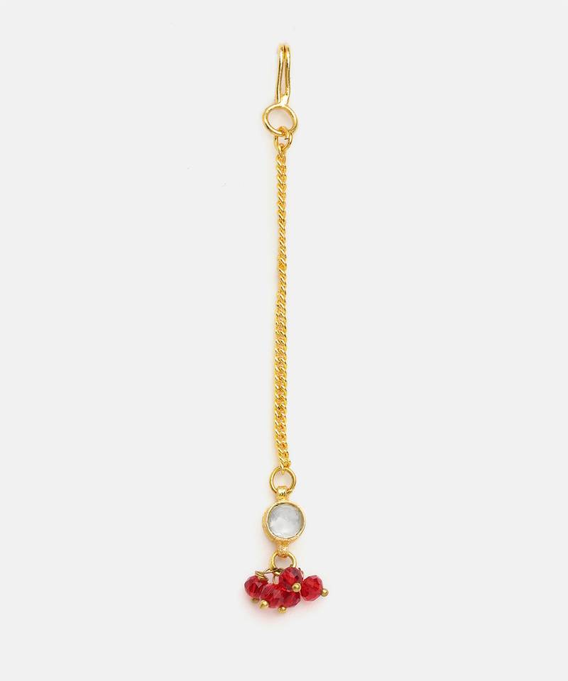 Gold plated kundan maroon stones maang tikka