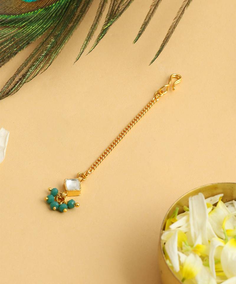 Gold plated kundan green stones maang tikka
