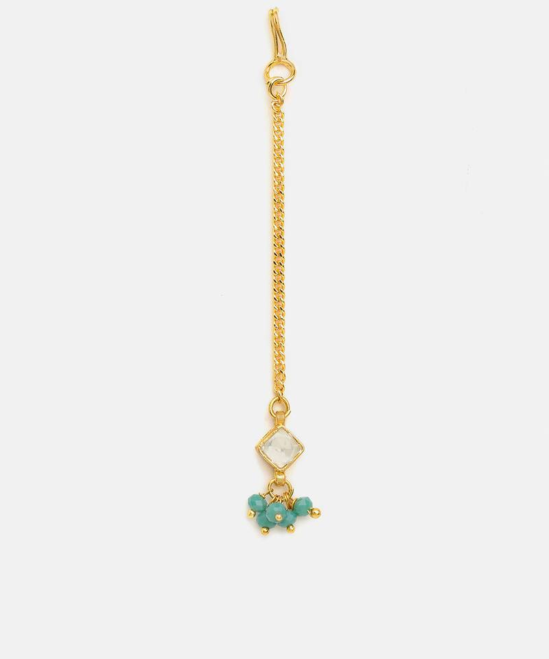 Gold plated kundan green stones maang tikka