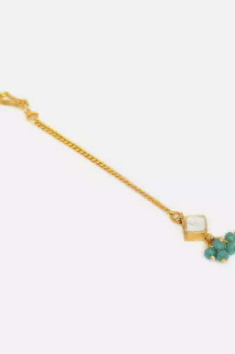 Gold plated kundan green stones maang tikka