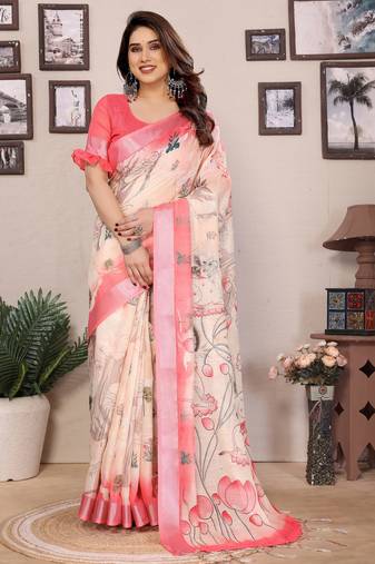 Cream cotton lilen digital printewith blouse