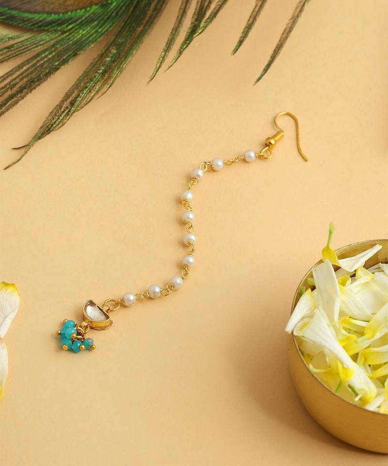 Gold plated kundan green stones maang tikka