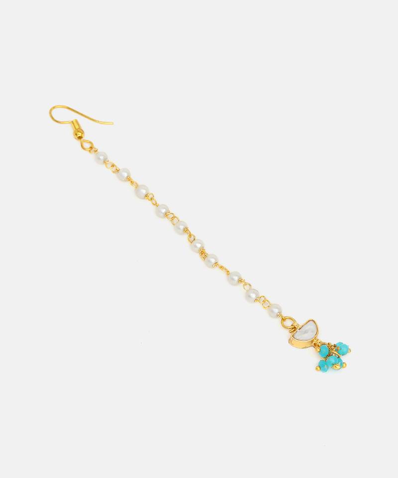 Gold plated kundan green stones maang tikka