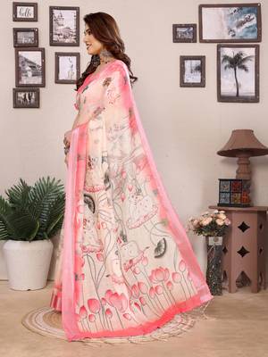 Cream cotton lilen digital printed saree with blouse 2