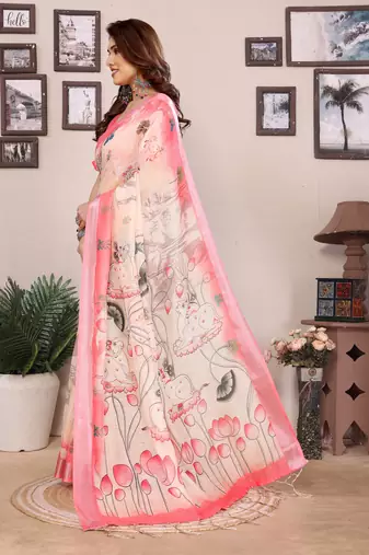 Cream cotton lilen digital printed saree with blouse