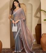 women's grey silk blend chiffon embellished saree with unstitched blouse piece