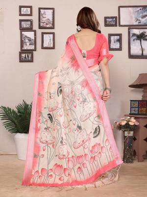 Cream cotton lilen digital printed saree with blouse 3