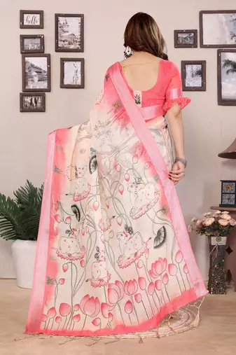 Cream cotton lilen digital printed saree with blouse