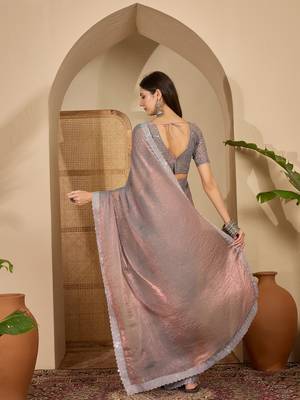 women's grey silk blend chiffon embellished saree with unstitched blouse piece 3