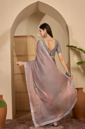women's grey silk blend chiffon embellished saree with unstitched blouse piece