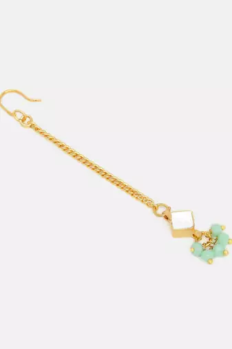 Gold plated kundan green stones maang tikka