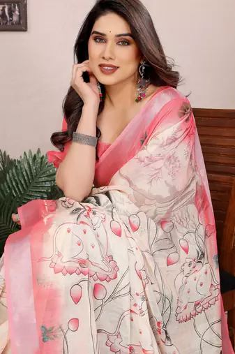 Cream cotton lilen digital printed saree with blouse
