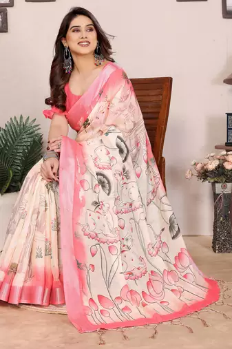 Cream cotton lilen digital printed saree with blouse