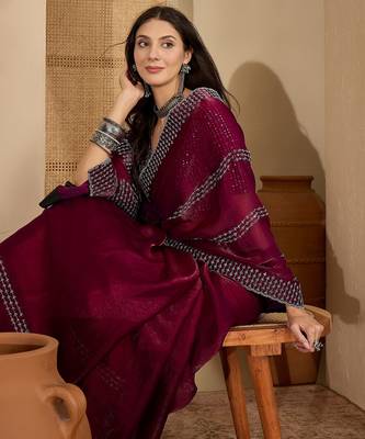 women's purple silk blend chiffon embellished saree with unstitched blouse piece 1