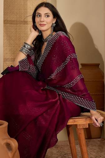 women's purple silk blend chiffon embellished saree with unstitched blouse piece