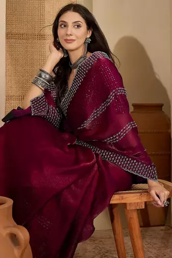 women's purple silk blend chiffon embellished saree with unstitched blouse piece