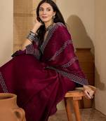 women's purple silk blend chiffon embellished saree with unstitched blouse piece