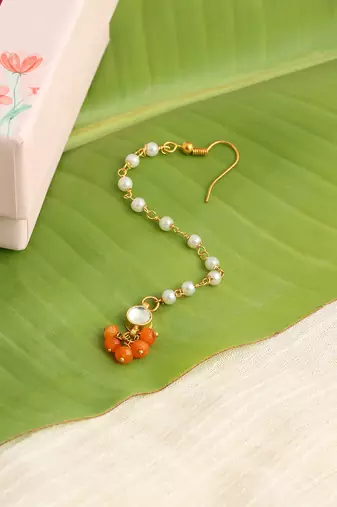 Gold plated kundan orange stones maang tikka