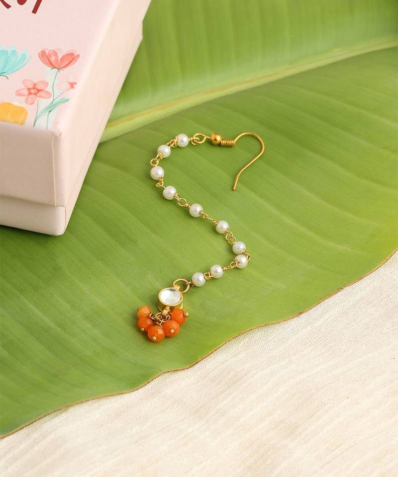 Gold plated kundan orange stones maang tikka