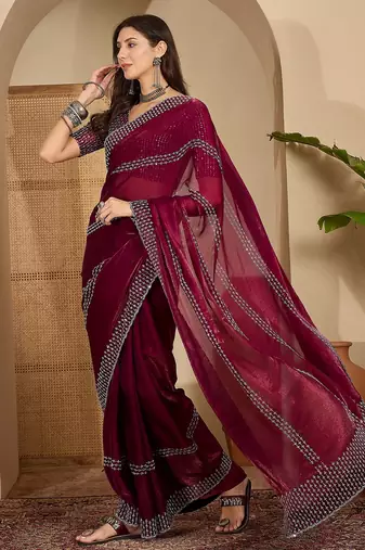 women's purple silk blend chiffon embellished saree with unstitched blouse piece
