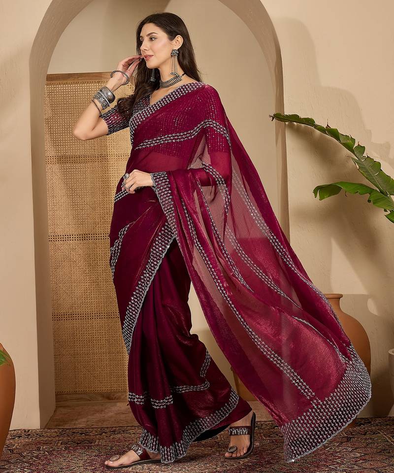 women's purple silk blend chiffon embellished saree with unstitched blouse piece
