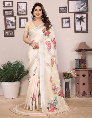 Cream cotton lilen digital printed saree with blouse 1