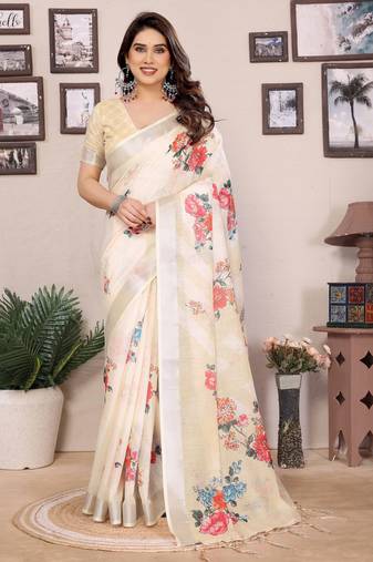 Cream cotton lilen digital printewith blouse