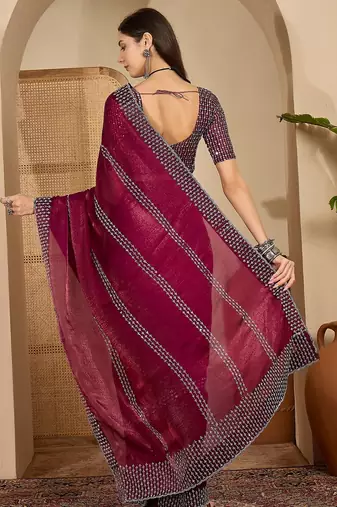 women's purple silk blend chiffon embellished saree with unstitched blouse piece