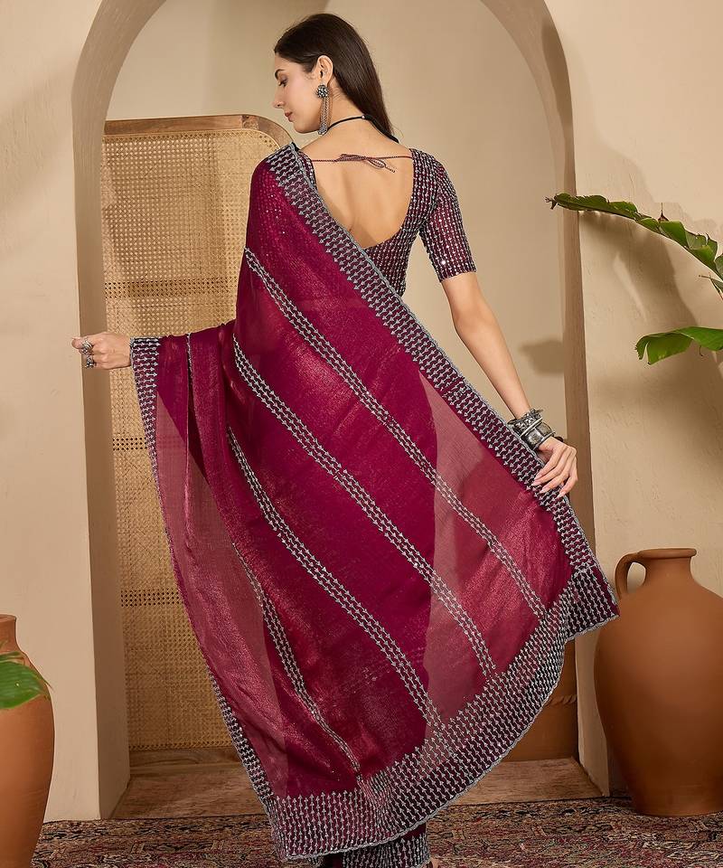 women's purple silk blend chiffon embellished saree with unstitched blouse piece
