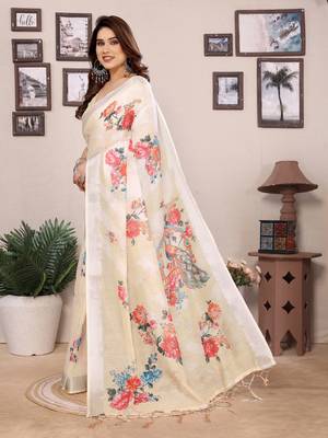 Cream cotton lilen digital printed saree with blouse 2