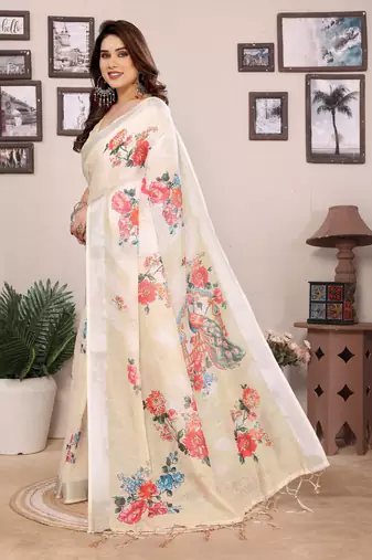 Cream cotton lilen digital printed saree with blouse