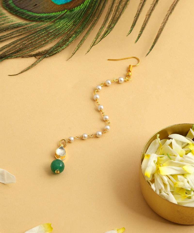 Gold plated kundan green stones maang tikka