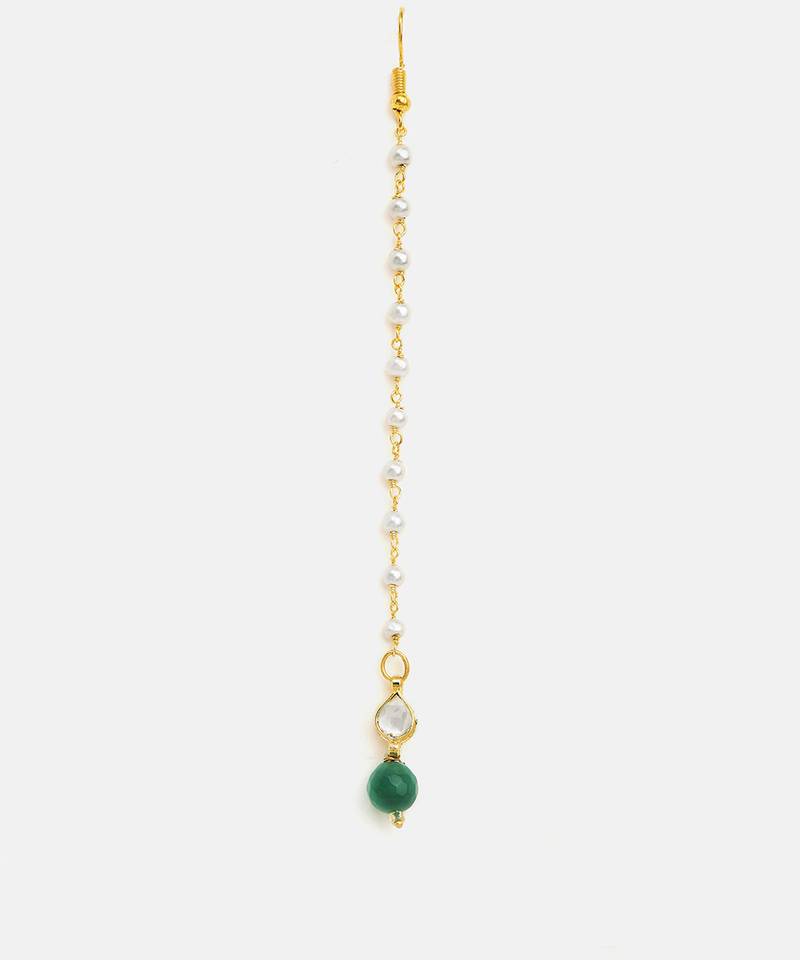 Gold plated kundan green stones maang tikka